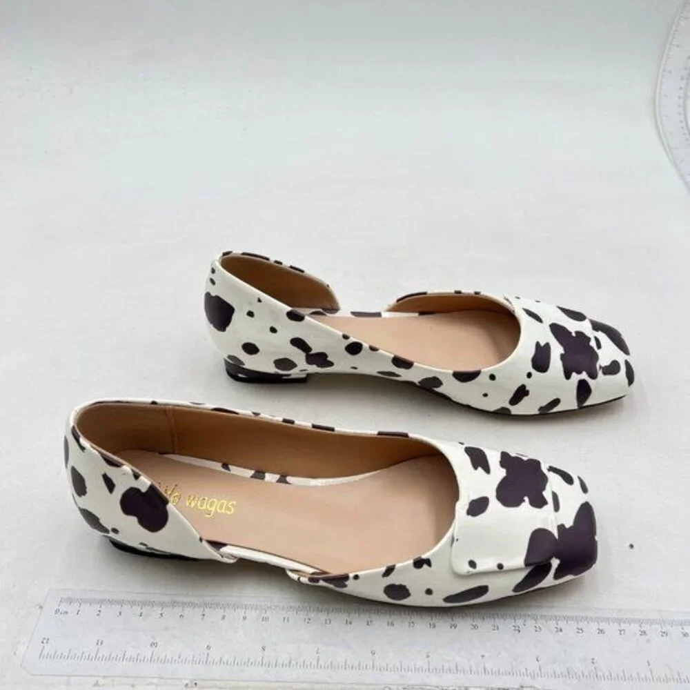 Wo Wagas Milk Cow Print Side Cut Block Low Heels Square Toe Pumps Slip On Shoes - Picture 4 of 8